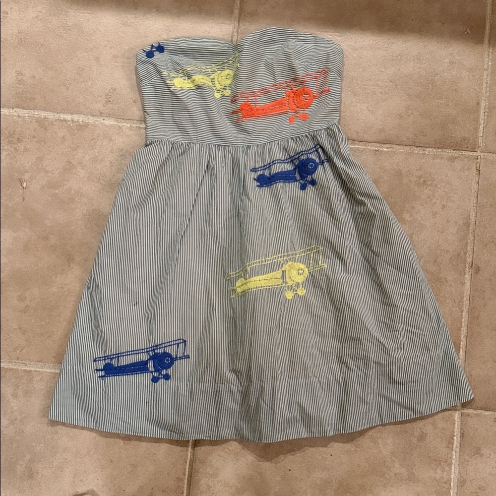 Striped Strapless Dress with Airplane Embroidery. Moulinette Soeurs.